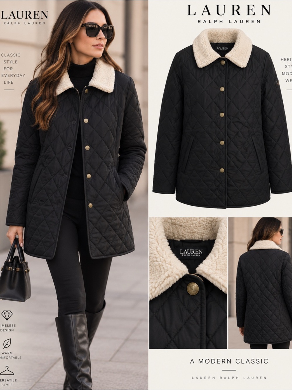 Lauren Ralph Lauren Black Quilted Puffer Coat with Cream Sherpa Collar